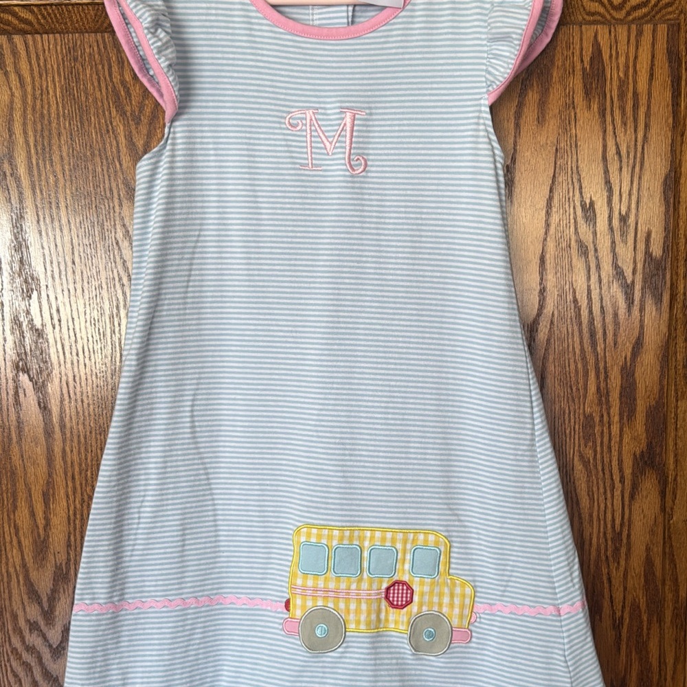 Light Blue Striped Girls Dress with Pink Trim and Bus Applique